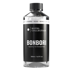 Hotel Collection Bonbori diffuser oil bottle close-up showing bergamot jasmine and rose scent for living room ambiance