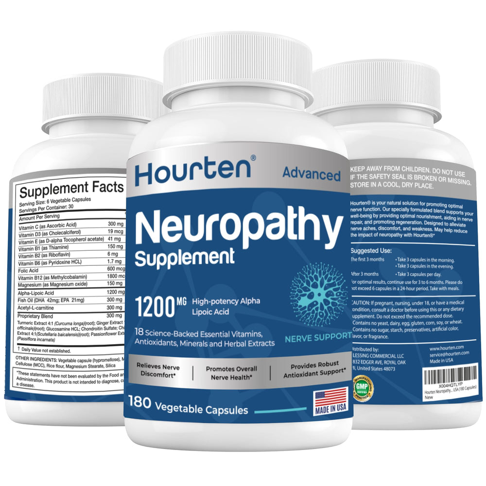 Hourten neuropathy bottle front view for daily nerve support and ease of use.