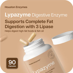 Houston Enzymes Lypazyme capsules in bottle for daily digestion aid.