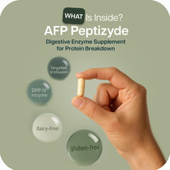 Houston Enzymes AFP Peptizyde open capsule with powder for mixing with meals.