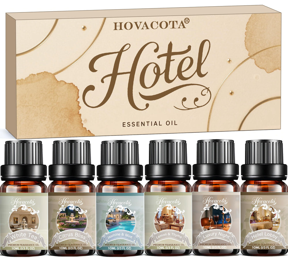 Hovacota white tea essential oil bottle for calming diffuser sessions.