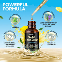 Hovika GABA L-Theanine drops pour over glass scene suggests easy daily use.