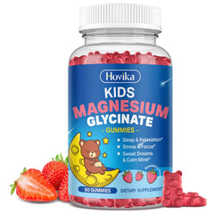 Hovika Kids Magnesium Gummies strawberry bottle shown for calm and relaxation.
