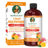 HOWEEJET liquid multivitamin bottle showing daily hair and skin nourishment benefits.