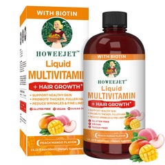 HOWEEJET liquid multivitamin bottle showing daily hair and skin nourishment benefits.