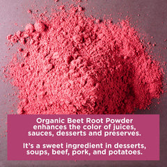 HQOExpress beetroot powder pouring into spoon; versatile ingredient for recipes.