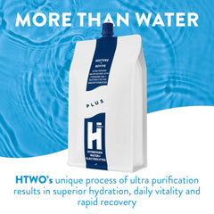 HTWO Plus label closeup; science-backed hydration with electrolytes.