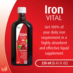 Close-up of Hübner Iron Vital fruit-flavor liquid highlighting pleasant taste.