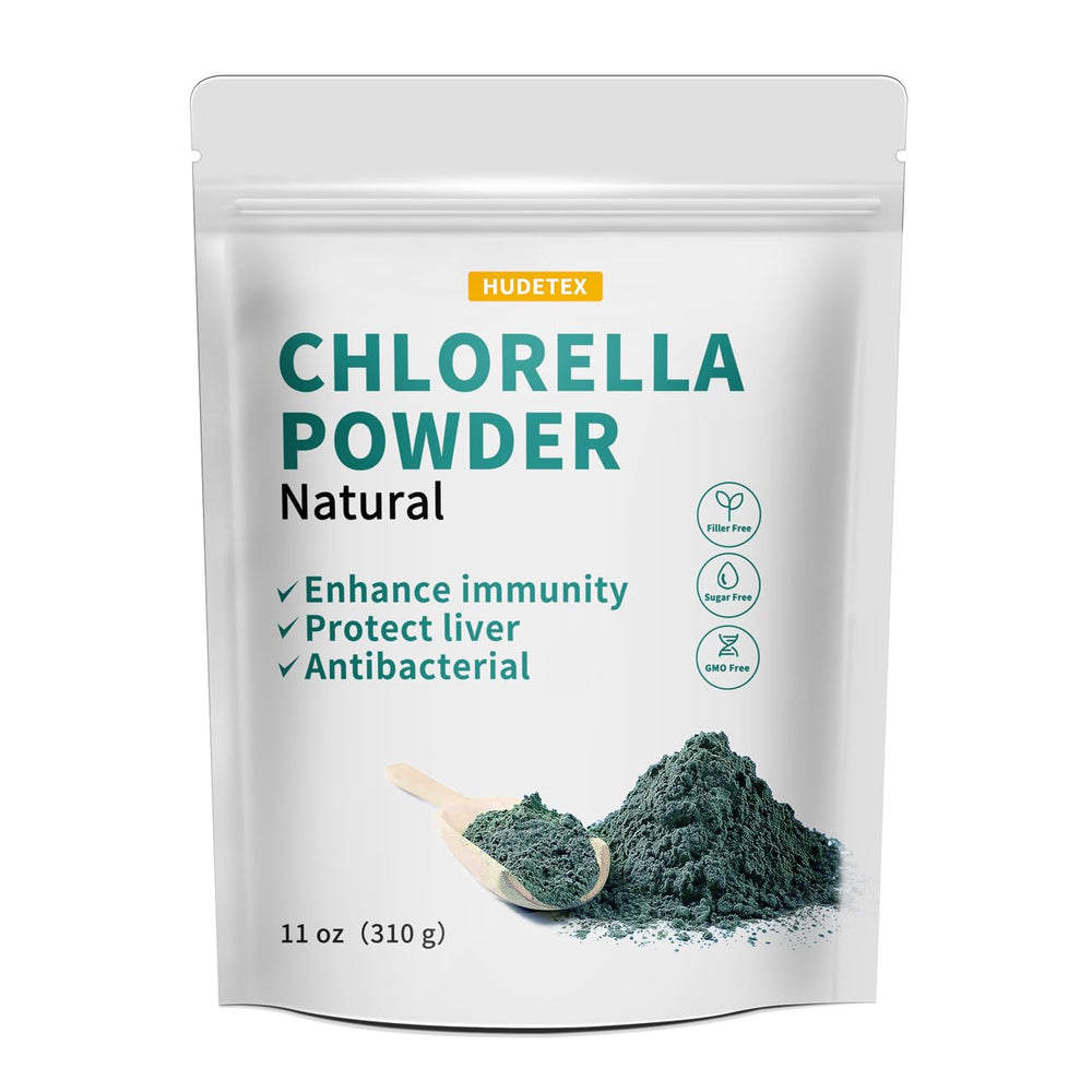 Hudetex Chlorella Powder Natural bottle highlights vegan protein and vitamins for daily wellness