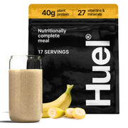 Huel Black Edition Banana tub front highlighting a versatile plant-based meal option for busy days.