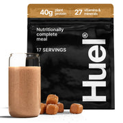 Huel Black Edition Salted Caramel tub front with high-protein plant-based nutrition