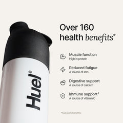 Huel Black Edition blended smoothie with fruit, boosts protein for workouts and daily energy.