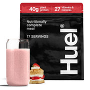 Huel Black Edition Strawberry Shortcake tub showing high-protein vegan nutrition