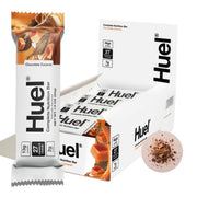 Huel Complete Nutrition Bar chocolate caramel close-up showing vegan coating.