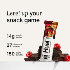Close-up bite of Huel bar highlights 13g protein and balanced nutrition.