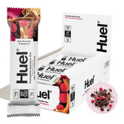 Huel Complete Nutrition bar with dark chocolate raspberry packaging, convenient protein snack for busy days.