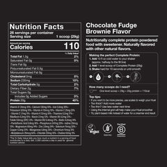 Huel Complete Protein Chocolate Fudge Brownie bottle shows 27 vitamins and minerals