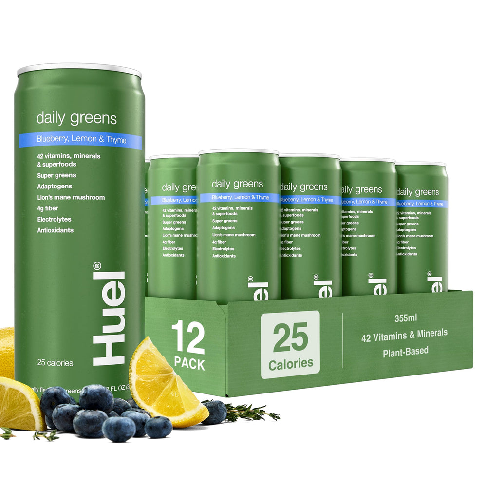Huel Daily Greens blueberry lemon thyme drink, refreshing morning boost