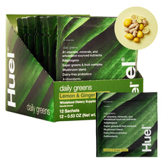 Huel Daily Greens lemon-ginger tub showing a convenient daily nutrient boost
