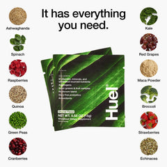 Huel Daily Greens scoop with powder ready to mix for breakfast