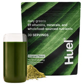 Huel Daily Greens tub showing the blend and nutrition information for convenient daily nutrition