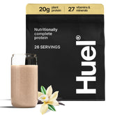Huel Vanilla protein powder tub close-up highlighting vegan protein blend for shakes