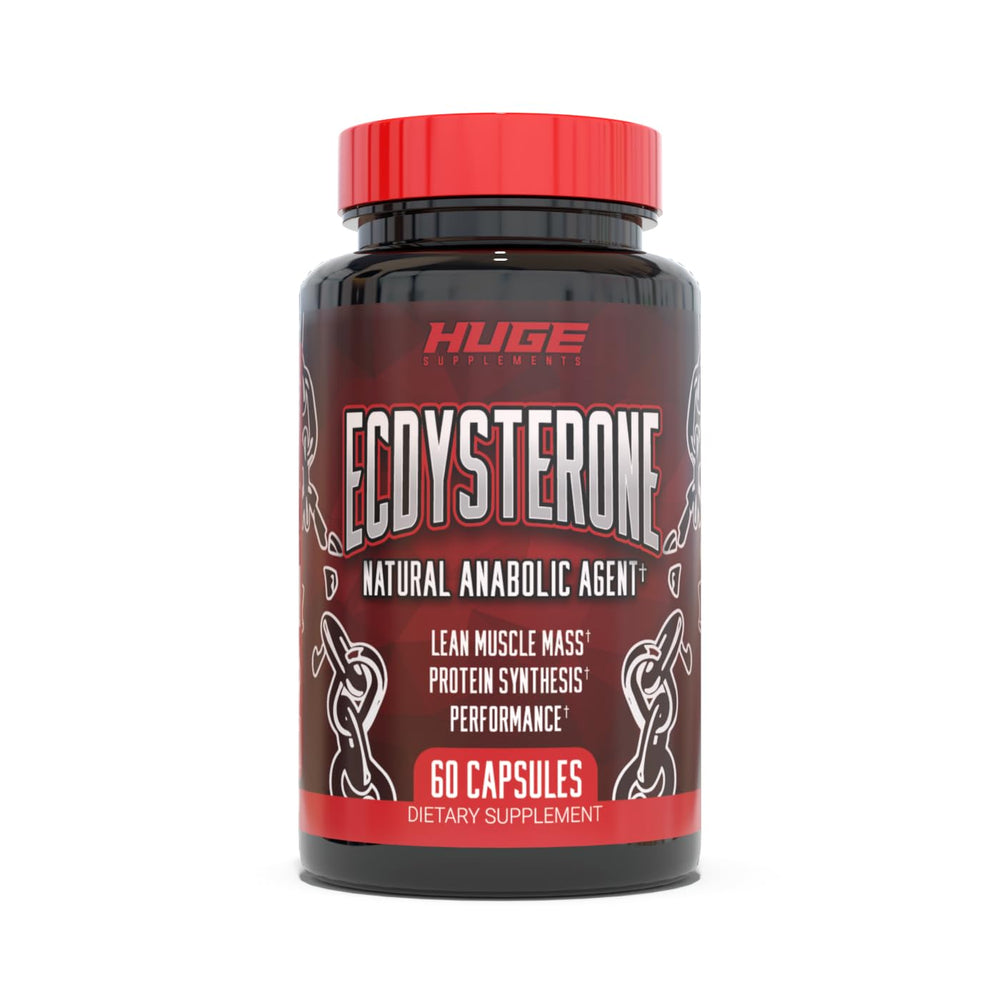 Huge Supplements Ecdysterone bottle close-up, premium formula for natural muscle support