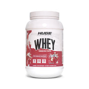 Huge Whey Protein tub front in White Chocolate Raspberry supports muscle fueling.