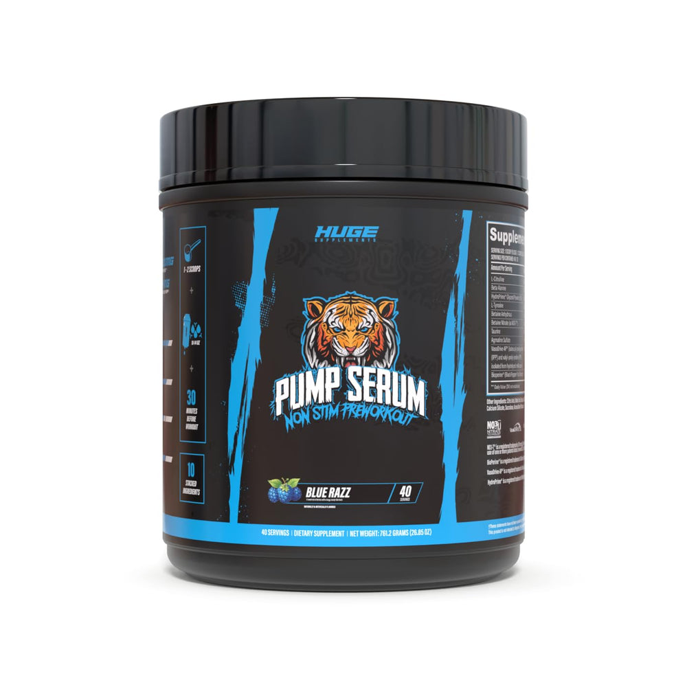 Huge Supplements Pump Serum bottle with non-stim formula for enhanced pumps.