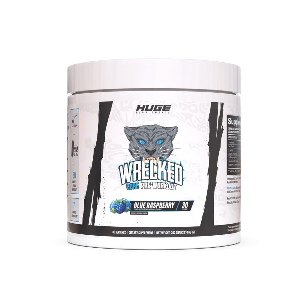 Huge Supplements Wrecked Core bottle pour shows clean, steady energy for workouts.