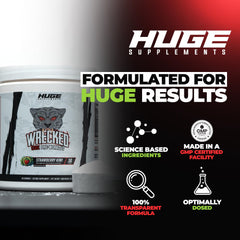 Huge Supplements Wrecked Core label close-up highlighting ingredients.