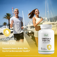 HUJ Omega-3 softgels bottle and packaging highlight