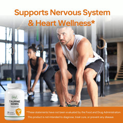 HUJ Taurine Capsule label highlighting hormone-free and artificial-color-free formula.