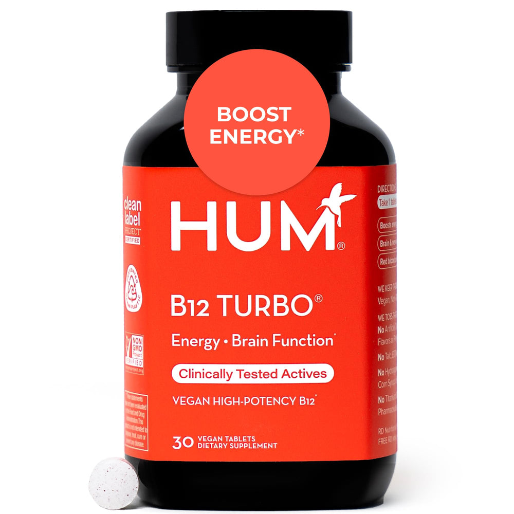 HUM B12 Turbo bottle front highlights vegan high-potency energy support.