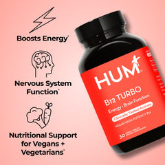 HUM B12 Turbo tablets close-up show compact vegan energy support.