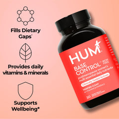 Close-up of Hum Base Control tablets showing iron-free formula