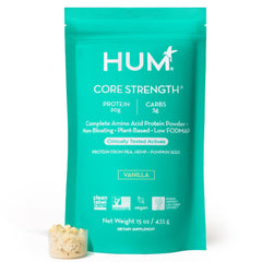 HUM Core Strength vanilla protein bag visual highlighting plant-based fueling