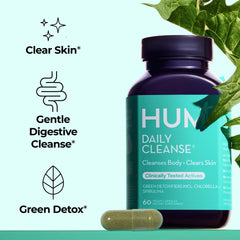 Hum Daily Cleanse bottle side showing ingredients and vegan formulation.