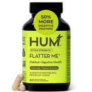 HUM Flatter Me bottle front view showing fast-acting digestive enzymes for debloating.