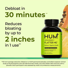 Close-up of HUM Flatter Me capsules highlighting enzyme blend.
