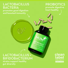 Close-up of HUM Gut Instinct capsules, vegan probiotic blend