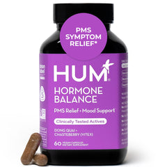 HUM Hormone Balance bottle with 60 vegan capsules for monthly support.