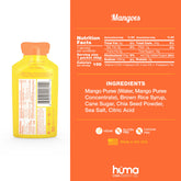 HÜMA Chia Energy Gel Mangoes ingredients close-up shows natural components.