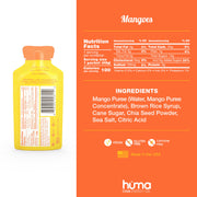 HÜMA Chia Energy Gel Mangoes ingredients close-up shows natural components.