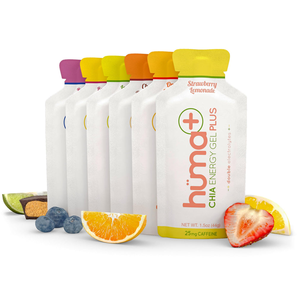 Huma Plus chia energy gel front packaging highlights real-food ingredients for endurance fueling