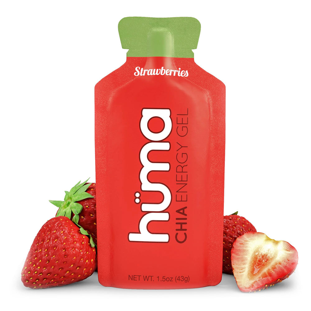 HÜMA Chia Energy Gel strawberries front-pack shows natural energy on the go.