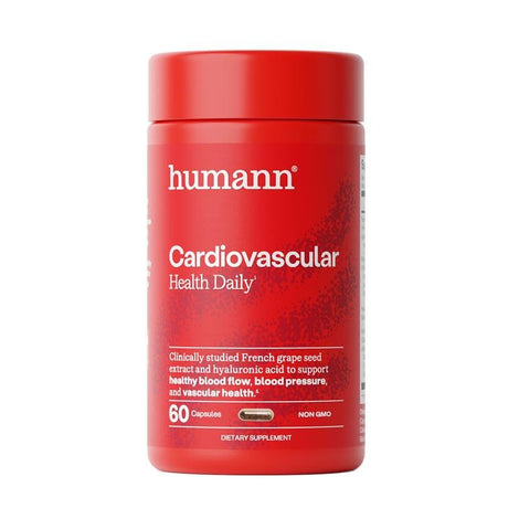 Humann Cardiovascular Health Daily bottle and capsules for convenient daily vascular support.