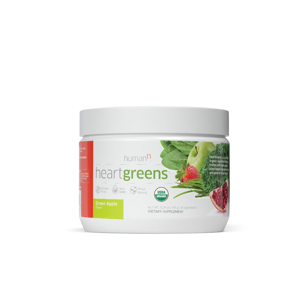 Humann HeartGreens front canister with green apple flavor for daily greens boost.
