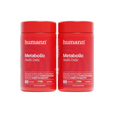 Humann Metabolic Health bottle close-up, triple-action formula for balanced glucose response