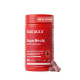 Humann SuperBeets beet root capsules close-up; supports nitric oxide production.